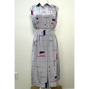 VTG LARUSE 1980s Womens SMALL Gray Multicolor Shapes Geometric SHIRT DRESS Read
